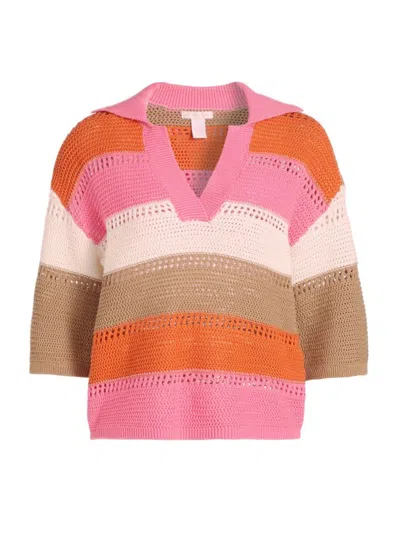 Design History Colorblock Short Sleeve Open Knit Polo Sweater In Pink Crush Combo