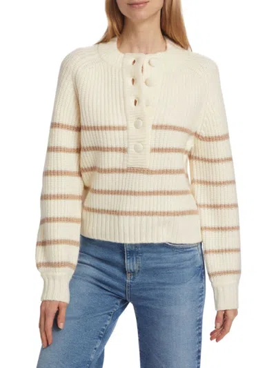 Design History Women's Striped Half-button Sweater In Ecru Walnut