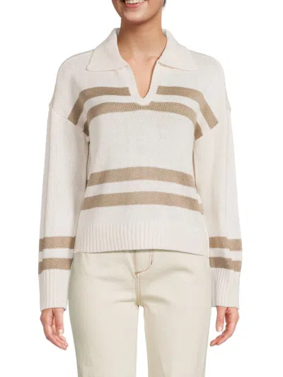 Design History Women's Striped Polo Sweater In White Beige