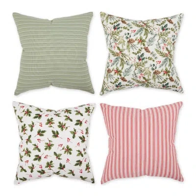Design Imports Asst Holiday Holly Print And Stripe Pillow Cover 18x18 Set/4