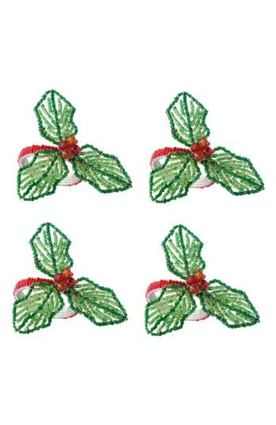 Design Imports Beaded Holly Set Of 4 Napkin Rings In Green