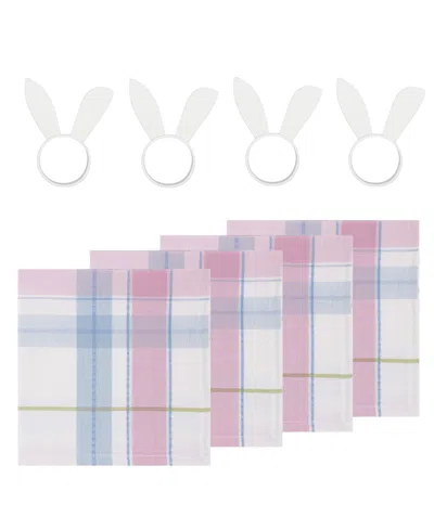 Design Imports Oh Hoppy Day Plaid Cotton Napkin And Napkin Ring, Set Of 8 In White