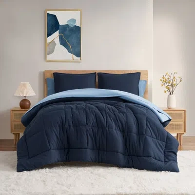 Design Studio Solid Reversible Blue Comforter Set With Sheet Set In Blue;navy
