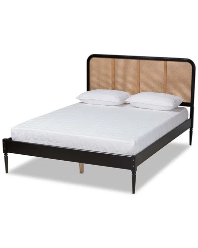 Design Studios Elston Mid-century Modern Charcoal Finished Wood & Synthetic Rattan Queen Size Platfo In Brown