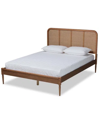 Design Studios Elston Mid-century Modern Walnut Brown Finished Wood & Synthetic Rattan Queen Size Pl