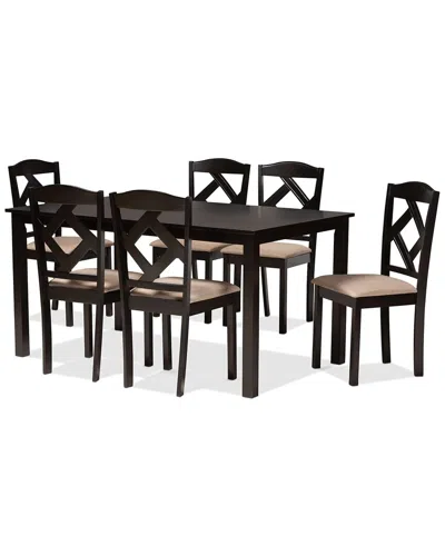 Design Studios Ruth Sand Fabric Upholstered & Dark Brown Finished Wood 7-piece Dining Set