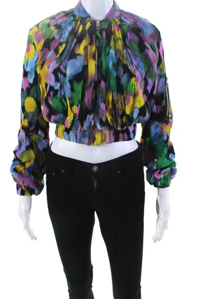 Designer Az Factory Womens Flowers Print Cropped Crepe Bomber Jacket Multicolor In Blue