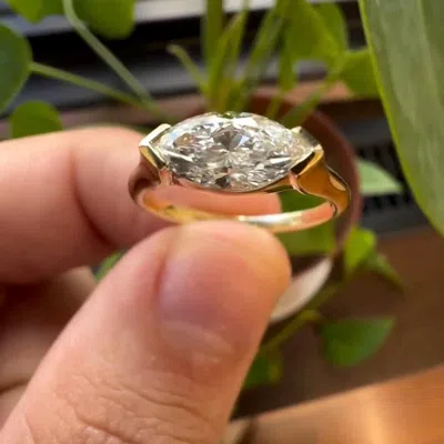 Pre-owned Designer Dainty East West Set Solitaire Ring, 2 Carat Marquise Cut Moissanite Engagement