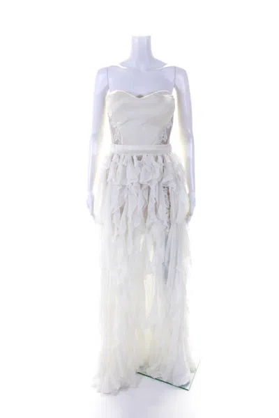 Designer David Peck Satin Lace Chiffon Ruffle Strapless High Low Gown Dress White In Multi