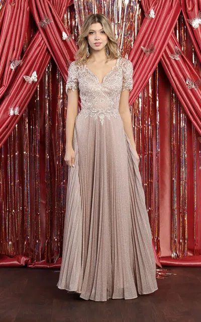 Pre-owned Designer May Queen Mq1902 Short Sleeve Pleated Formal Gown In Black, Charcoal Grey, Lilac, Rose Gold