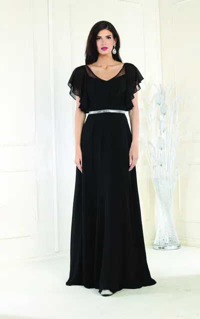 Pre-owned Designer May Queen Mq1972 Chiffon Bell Sleeve A-line Formal Gown In Black, Burgundy, Dusty Blue, Dusty Rose, Eggplant, Hunter Green,