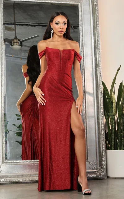 Pre-owned Designer May Queen Mq2027 Corset Bodice Open Back Slit Formal Gown In Burgundy, Rose Gold, Black
