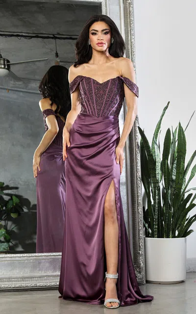 Pre-owned Designer May Queen Mq2029 Embellished Corset Slit Pageant Gown In Black, Victorian Lilac, Olive