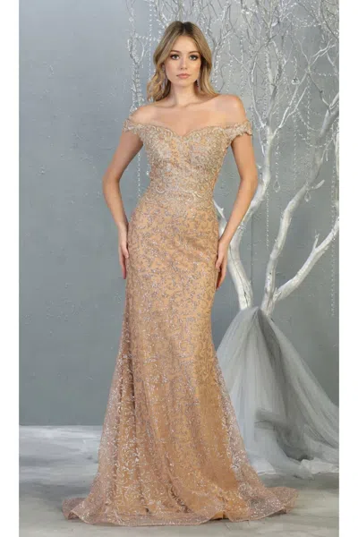 Pre-owned Designer Off Shoulder Long Formal Gown In Champagne/gold, Dusty Blue, Hunter Green, Ivory