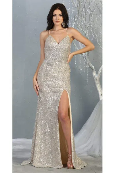 Pre-owned Designer Sequined Prom Long Dress And Plus Size In Champagne