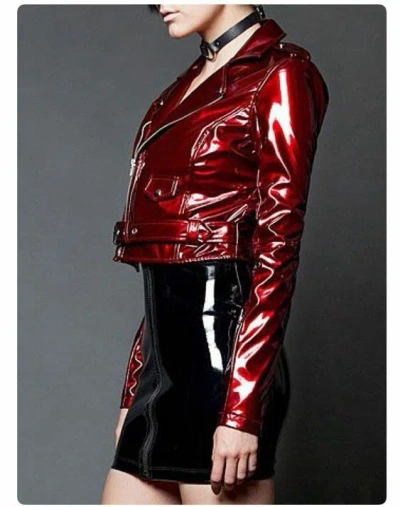 Pre-owned Designer Womens  Unique Maroon Shiny Italian Patent Leather Jacket Women Sale In Red