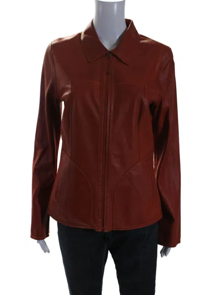 Designer Womens Reversible Leather Suede Orange Zip Long Sleeve Jacket In Brown