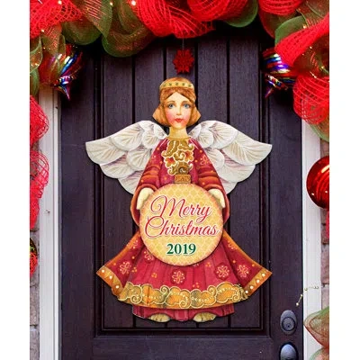 Designocracy 2019 Marry Christmas Angel, Dated Wooden Door Hanger In Multicolor
