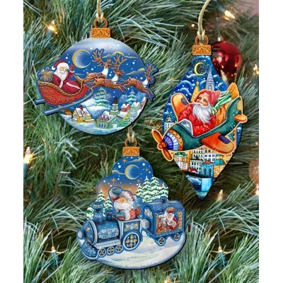 Designocracy 3 Piece Traveling Santa Holiday Shaped Ornament Set In Multicolor