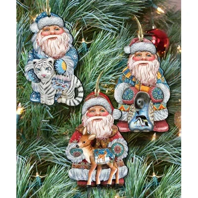 Designocracy 3 Piece Wild Adventures Santa Holiday Shaped Ornament Set In Multicolor