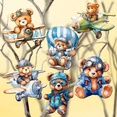 Designocracy 6 Piece Aviator Teddy Bear Decorative Wooden Clip-on Ornaments By G. Debrekht