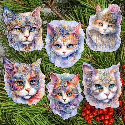 Designocracy 6 Piece Cats Masks Decorative Wooden Clip-on Ornaments By G. Debrekht