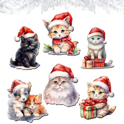 Designocracy 6 Piece Christmas Cats Decorative Wooden Clip-on Ornaments By G. Debrekht