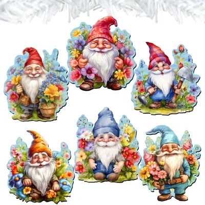 Designocracy 6 Piece Garden Gnomes Decorative Wooden Clip-on Ornaments By G. Debrekht