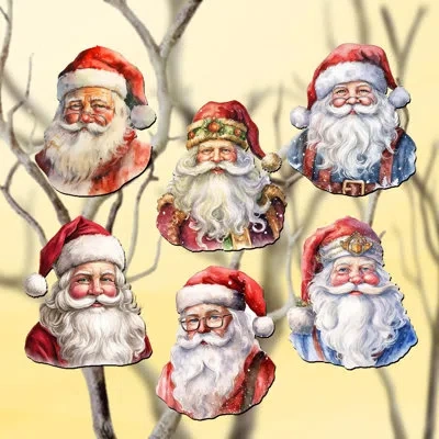 Designocracy 6 Piece Jolly Santa Faces Decorative Wooden Clip-on Ornaments By G. Debrekht