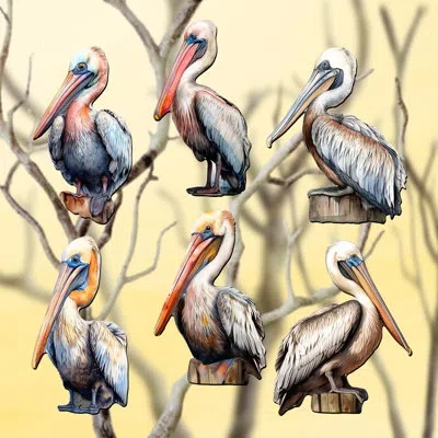 Designocracy 6 Piece Pelicans Decorative Wooden Clip-on Ornaments By G. Debrekht