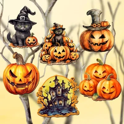 Designocracy 6 Piece Spooky Pumpkins Decorative Wooden Clip-on Ornaments By G. Debrekht