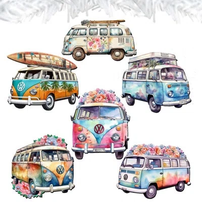 Designocracy 6 Piece Surf Vans Decorative Wooden Clip-on Ornaments By G. Debrekht