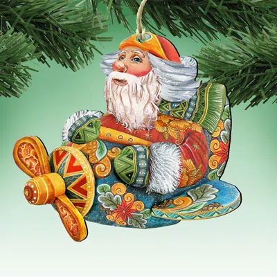 Designocracy Aviator Santa Wood Christmas Ornaments Set Of 2 G. Debrekht Holiday In Green