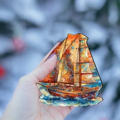 Designocracy Beach House Decor - Colorful Sailboat Wooden Ornaments By G. Debrekht In Blue;orange