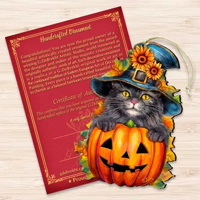 Designocracy Black Cat Pumpkin Wooden Ornaments By G. Debrekht In Black;orange