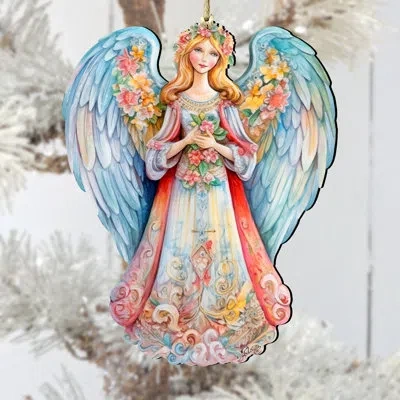 Designocracy Blue Floral Angel Wooden Ornament In Multicolor