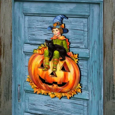 Designocracy Boy On Pumpkin Holiday Door Decor By G. Debrekht In Orange