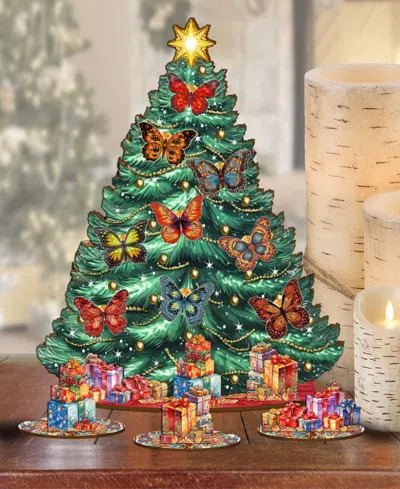 Designocracy Butterfly Themed Wooden Christmas Tree With Ornaments Set Of 13 G. Debrekht In Multi Color