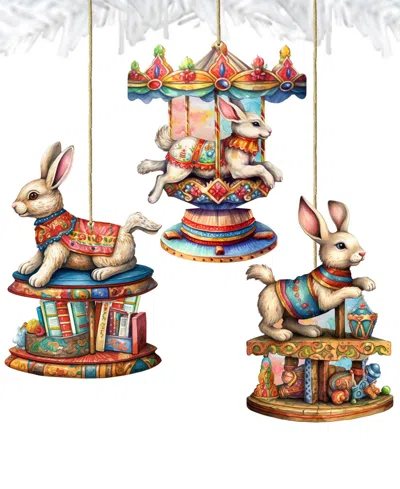 Designocracy Carousel Bunnies Christmas Wooden Ornaments Holiday Decor Set Of 3 G. Debrekht In Multi Color