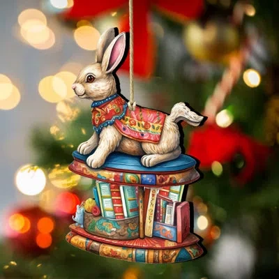 Designocracy Carousel Bunny With Books Wooden Ornament By G. Debrekht