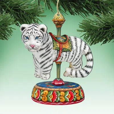 Designocracy Carousel Tiger Wooden Christmas Ornament - Set Of 2 In Green