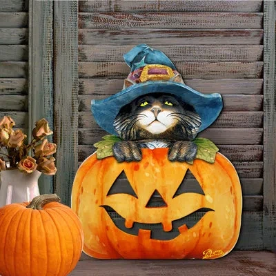 Designocracy Cat Pumpkin Door Hanger In Multicolor
