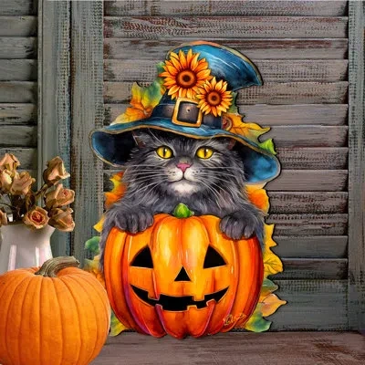 Designocracy Cat Pumpkin Holiday Door Decor By G. Debrekht In Orange