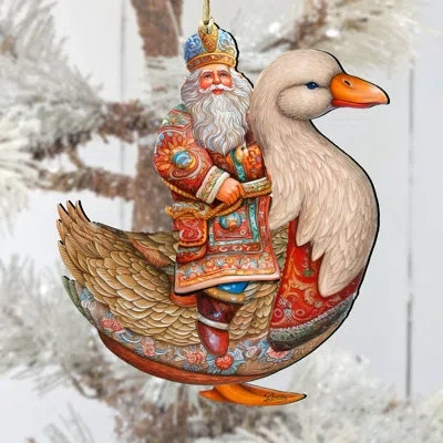 Designocracy Charming Santa On Goose Wooden Ornament By J. Mills-price In Multicolor