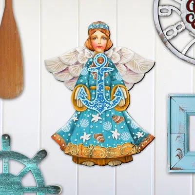 Designocracy Coastal Angel With Anchor Wooden Door Hanger In Multicolor