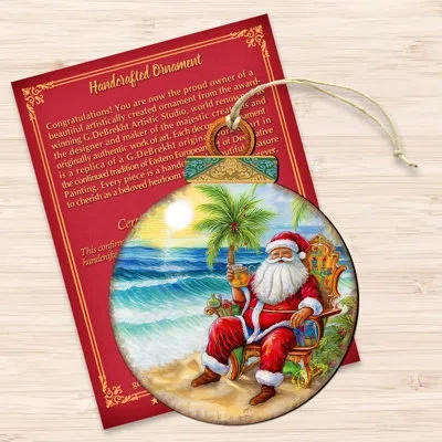 Designocracy Coastal Christmas Decor - Sunset With Santa Wooden Ornaments By G. Debrekht In Blue;red