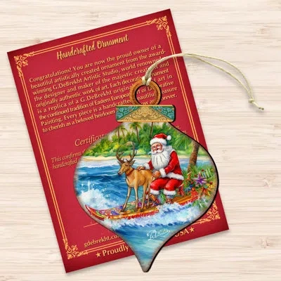 Designocracy Coastal Christmas Decor - Surfing With Santa Wooden Ornaments By G.debrekht In Blue;red