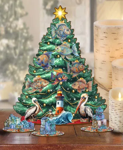 Designocracy Coastal Themed Wooden Christmas Tree With Ornaments Set Of 13 G. Debrekht In Multi Color