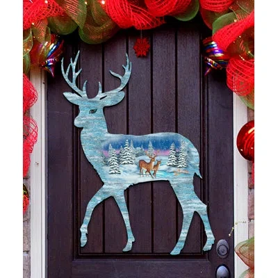 Designocracy Deer Scenic Woods Wooden Decorative Door Hanger Wall Décor In White,blue