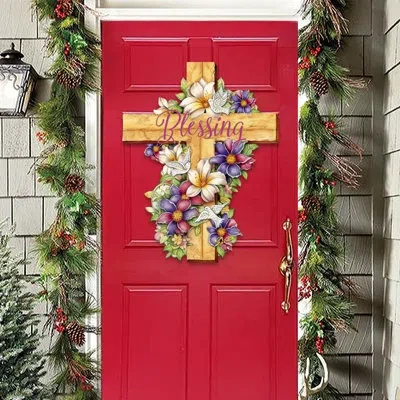 Designocracy Door Hanger Collection Plants & Flowers, Religious & Spiritual In Red